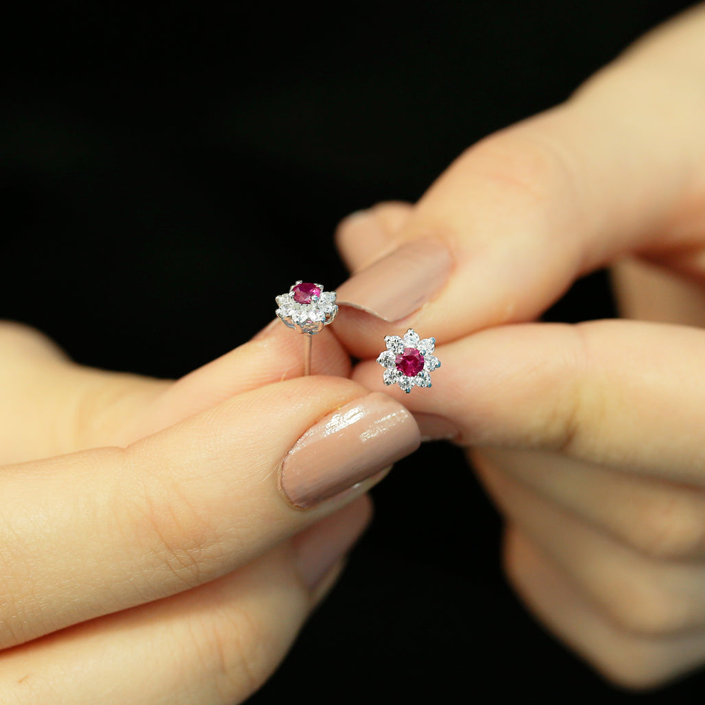 Diamond Ruby Flower Earrings