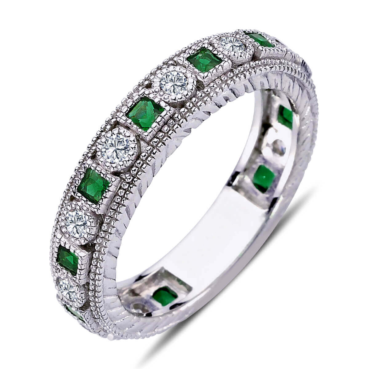 Princess Emerald Eternity Ring with Diamonds